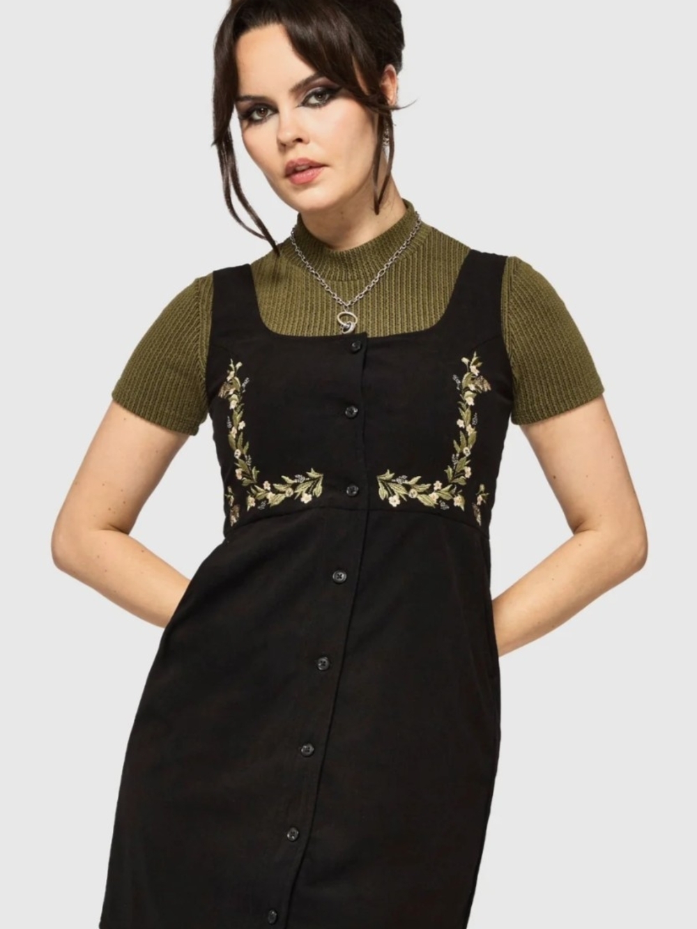 Disturbia US 14 Black Floral Embroidered Button Front Pinafore Mini Dress